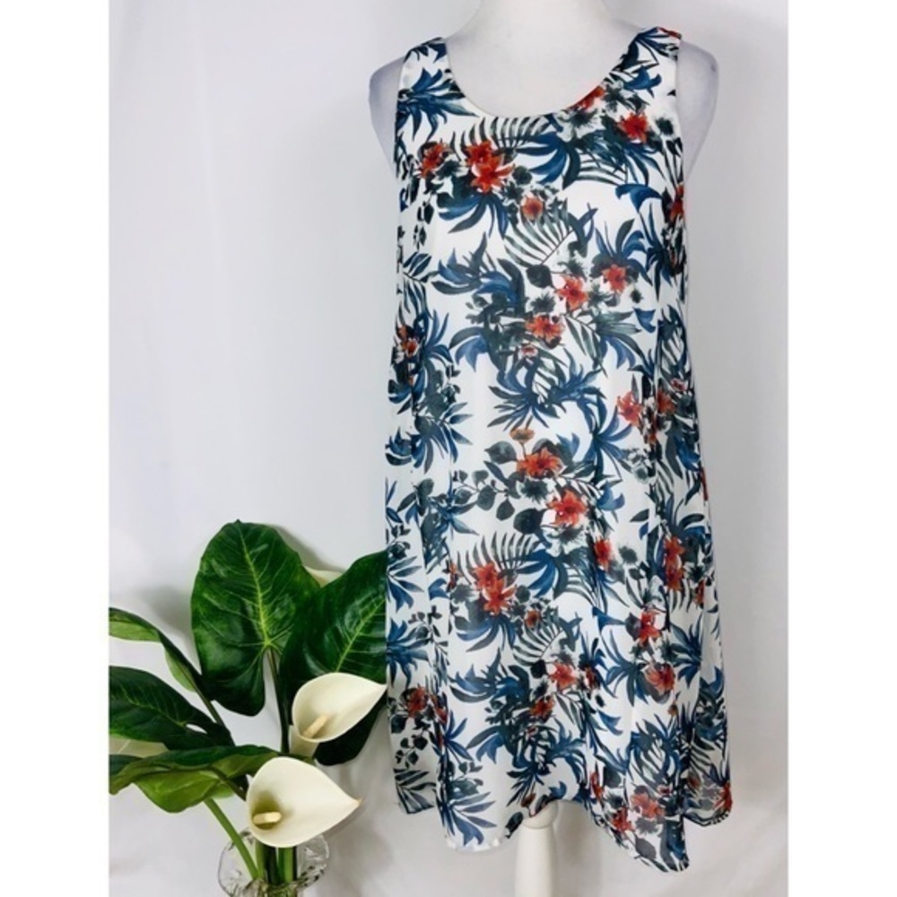 Paper Crane Red White Blue Tropical Floral Sleeveless Shuft Hi/Lo Summer Dress S